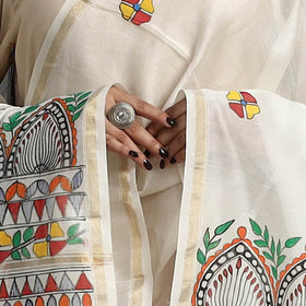 White Handloom Chanderi Silk Handpainted Madhubani Dupatta