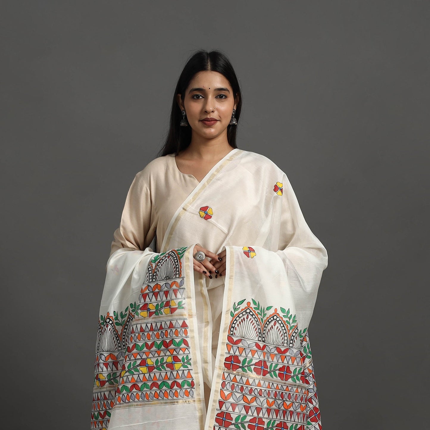 White Handloom Chanderi Silk Handpainted Madhubani Dupatta