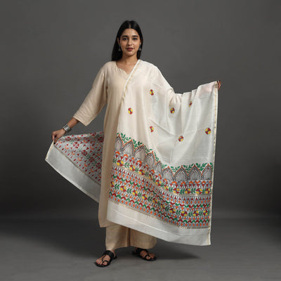 White Handloom Chanderi Silk Handpainted Madhubani Dupatta