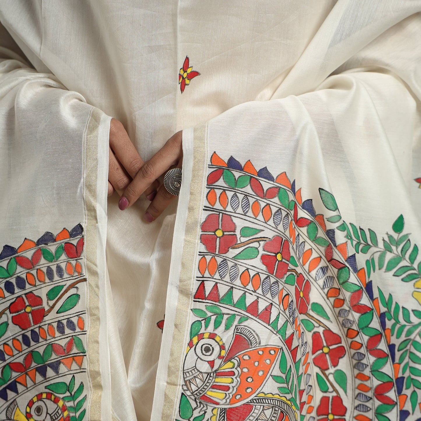 White - handloom chanderi silk handpainted madhubani