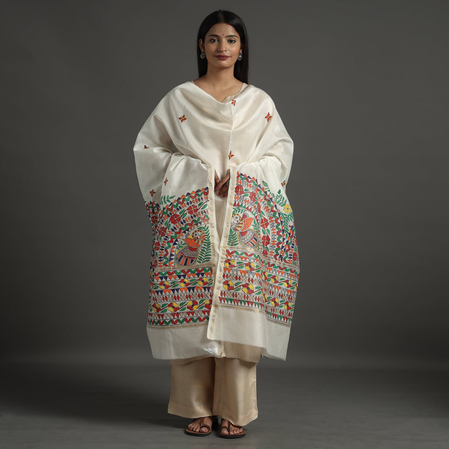 White - handloom chanderi silk handpainted madhubani
