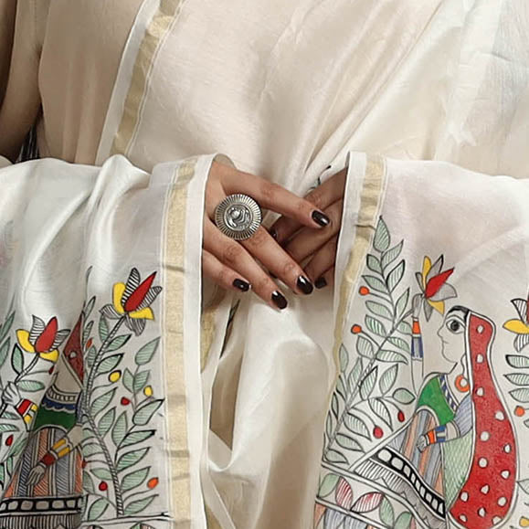 White Handloom Chanderi Silk Handpainted Madhubani Dupatta