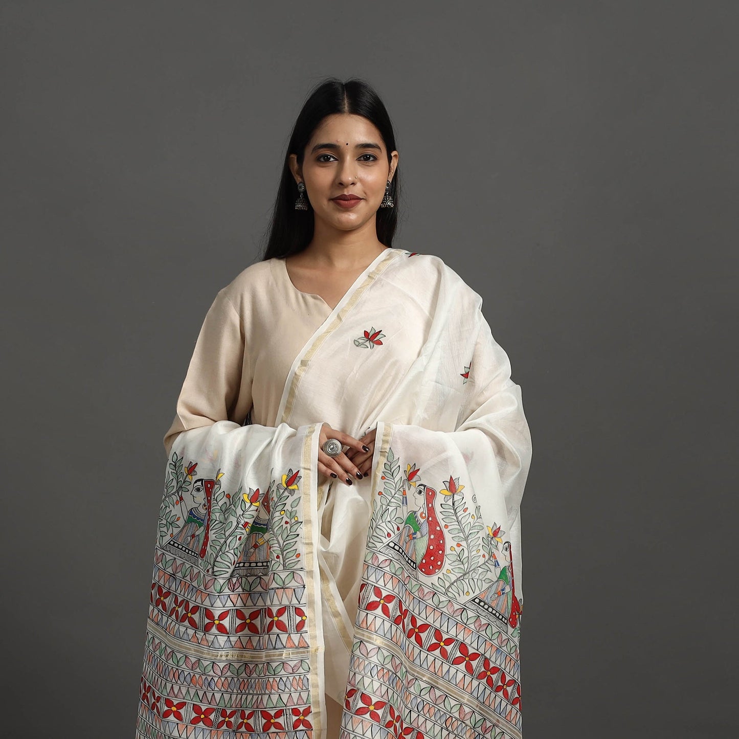 White Handloom Chanderi Silk Handpainted Madhubani Dupatta