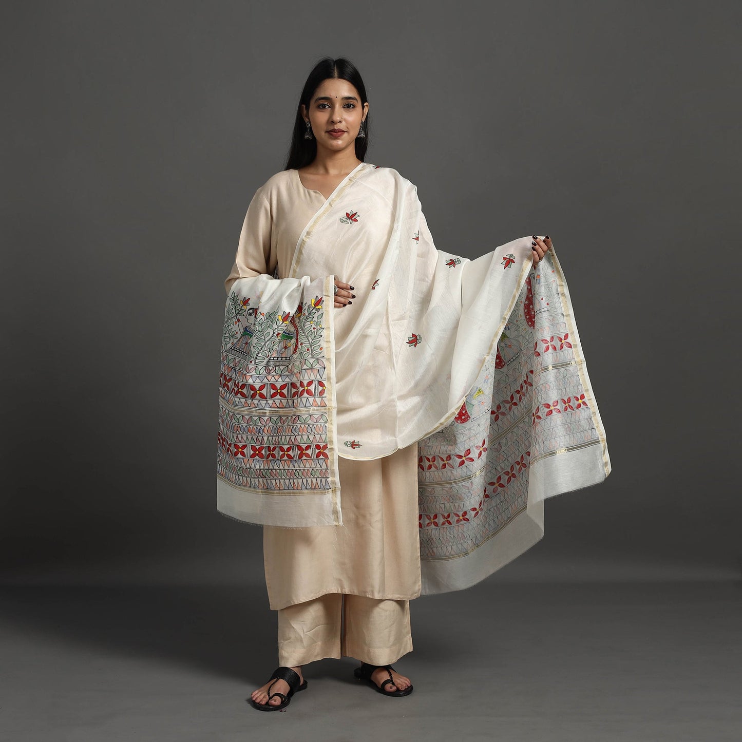 White Handloom Chanderi Silk Handpainted Madhubani Dupatta