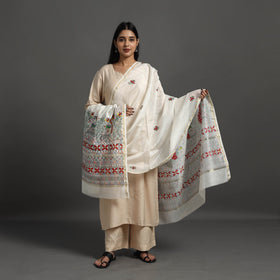 White Handloom Chanderi Silk Handpainted Madhubani Dupatta
