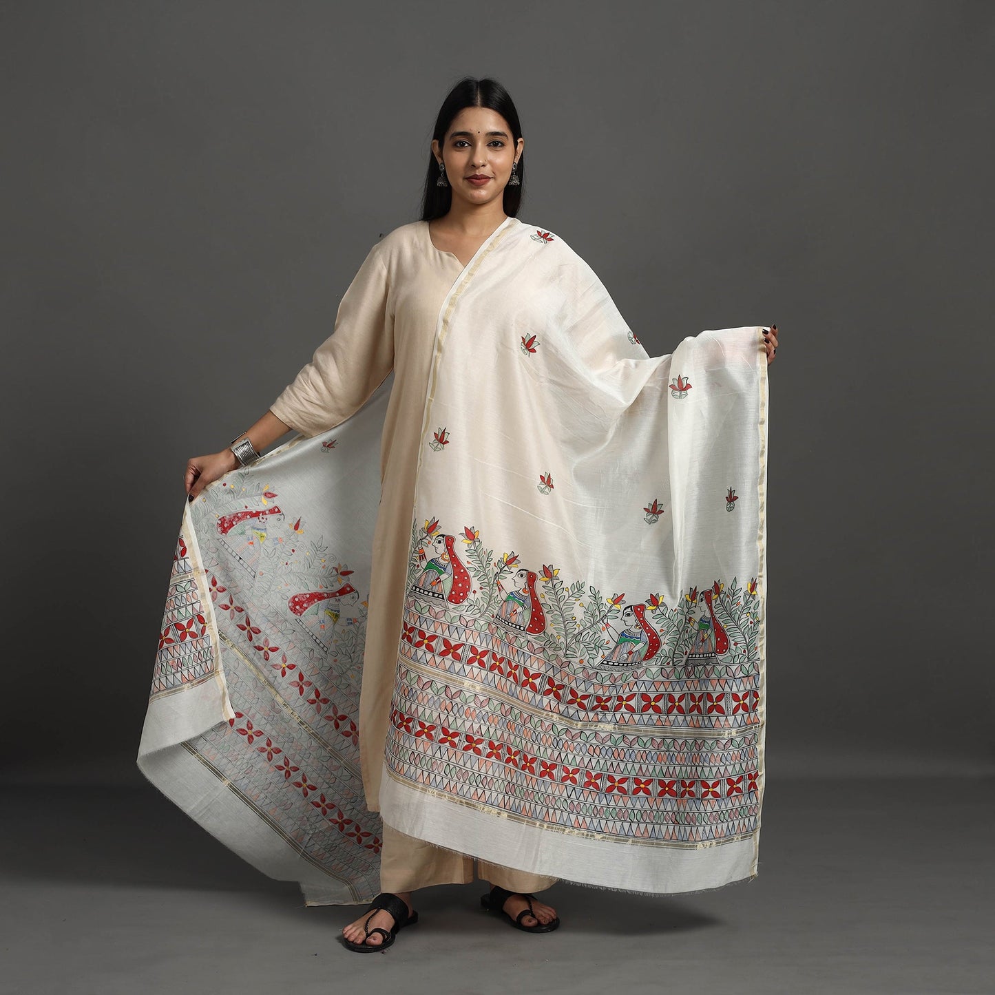White Handloom Chanderi Silk Handpainted Madhubani Dupatta
