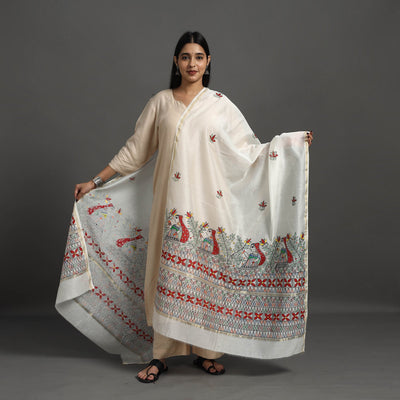 White Handloom Chanderi Silk Handpainted Madhubani Dupatta