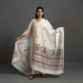 White Handloom Chanderi Silk Handpainted Madhubani Dupatta