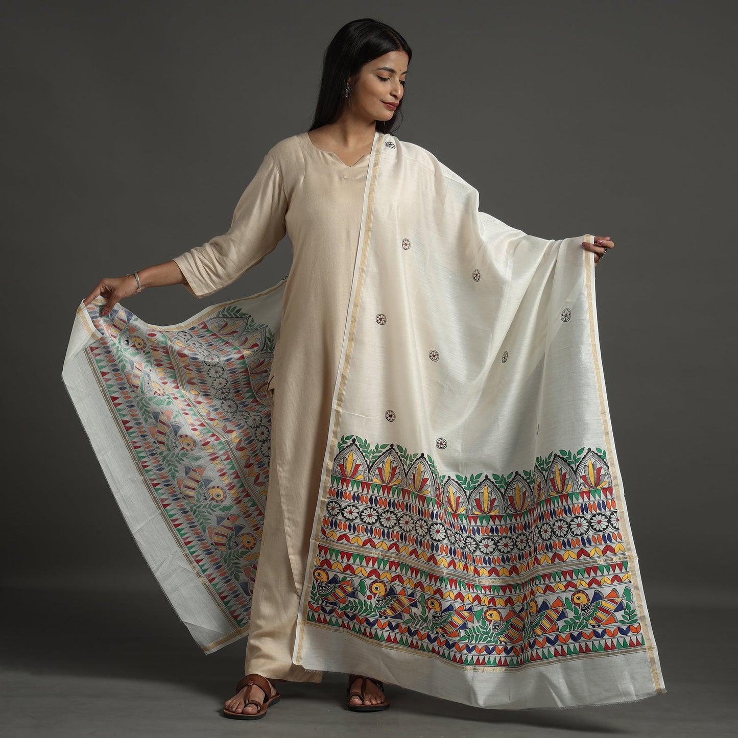 White - handloom chanderi silk handpainted madhubani