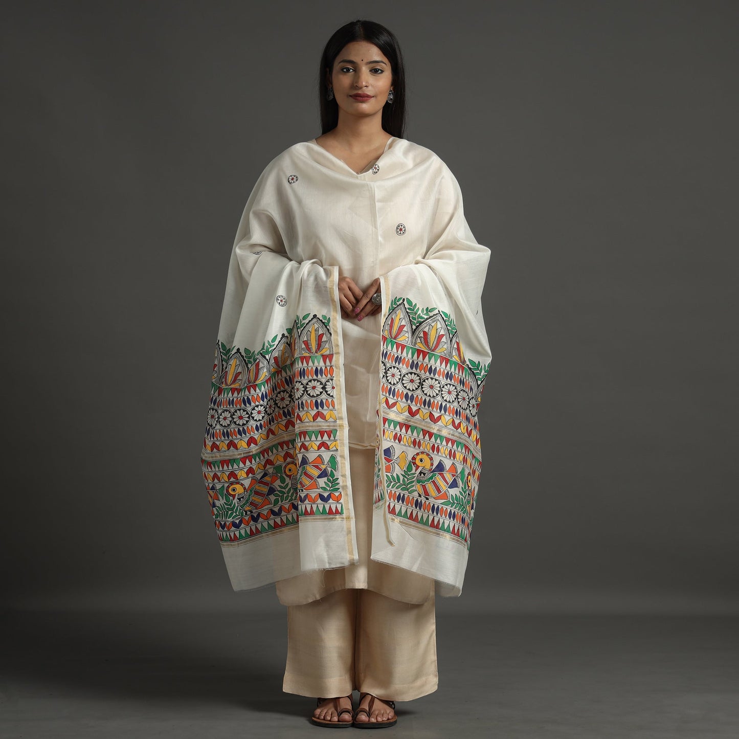 White - handloom chanderi silk handpainted madhubani