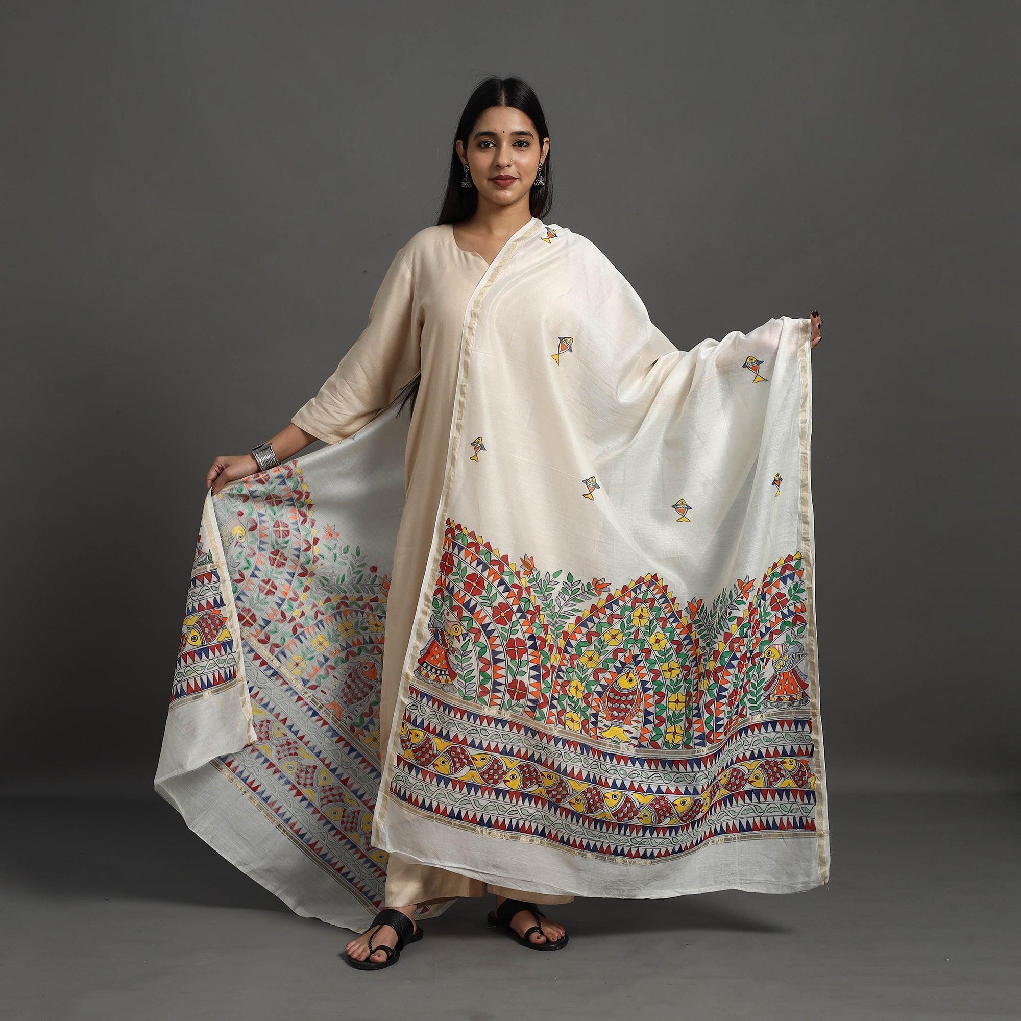White - Handloom Chanderi Silk Handpainted Madhubani Dupatta 28