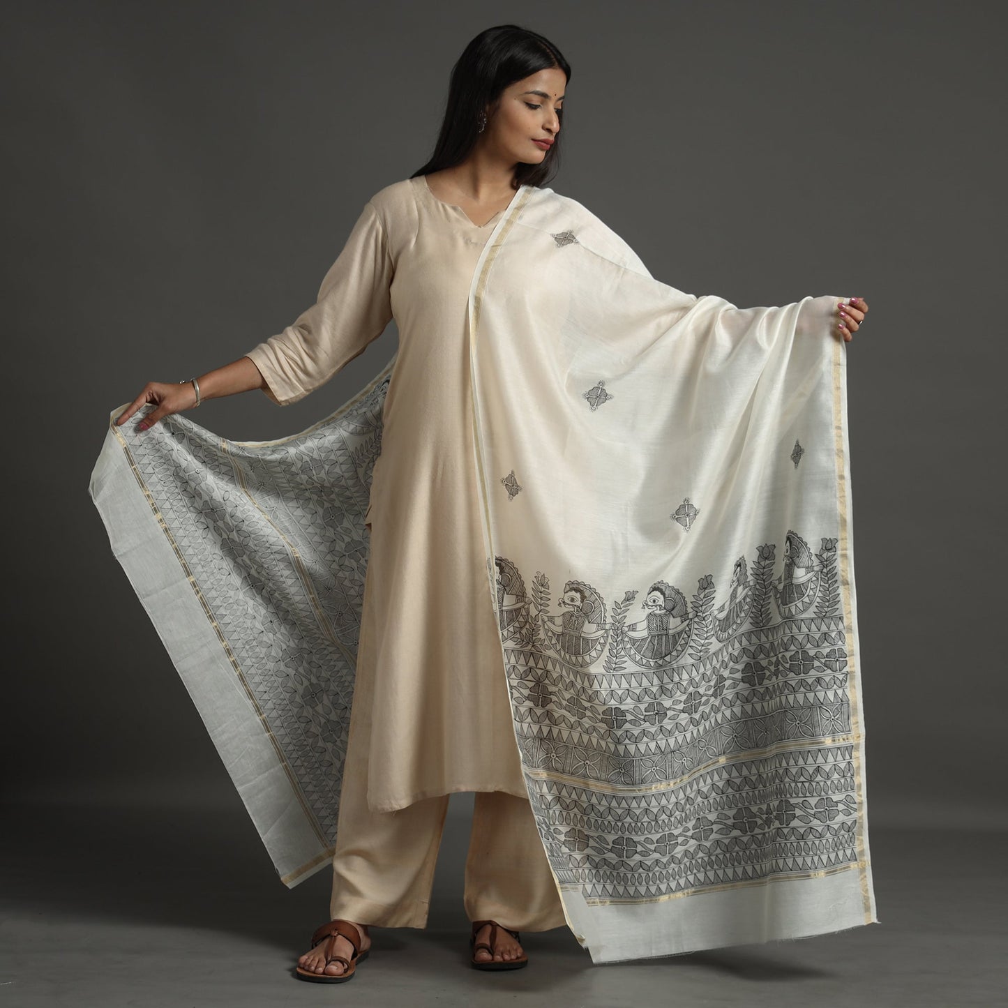  Handloom Chanderi Silk Handpainted Madhubani Dupatta