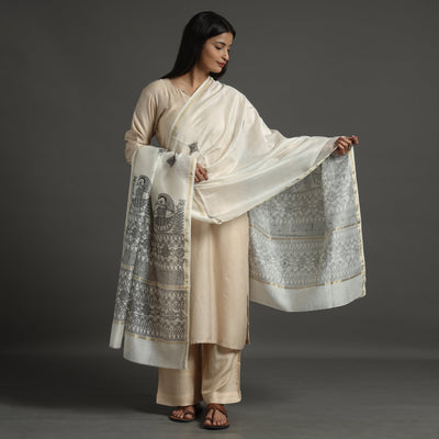  Handloom Chanderi Silk Handpainted Madhubani Dupatta