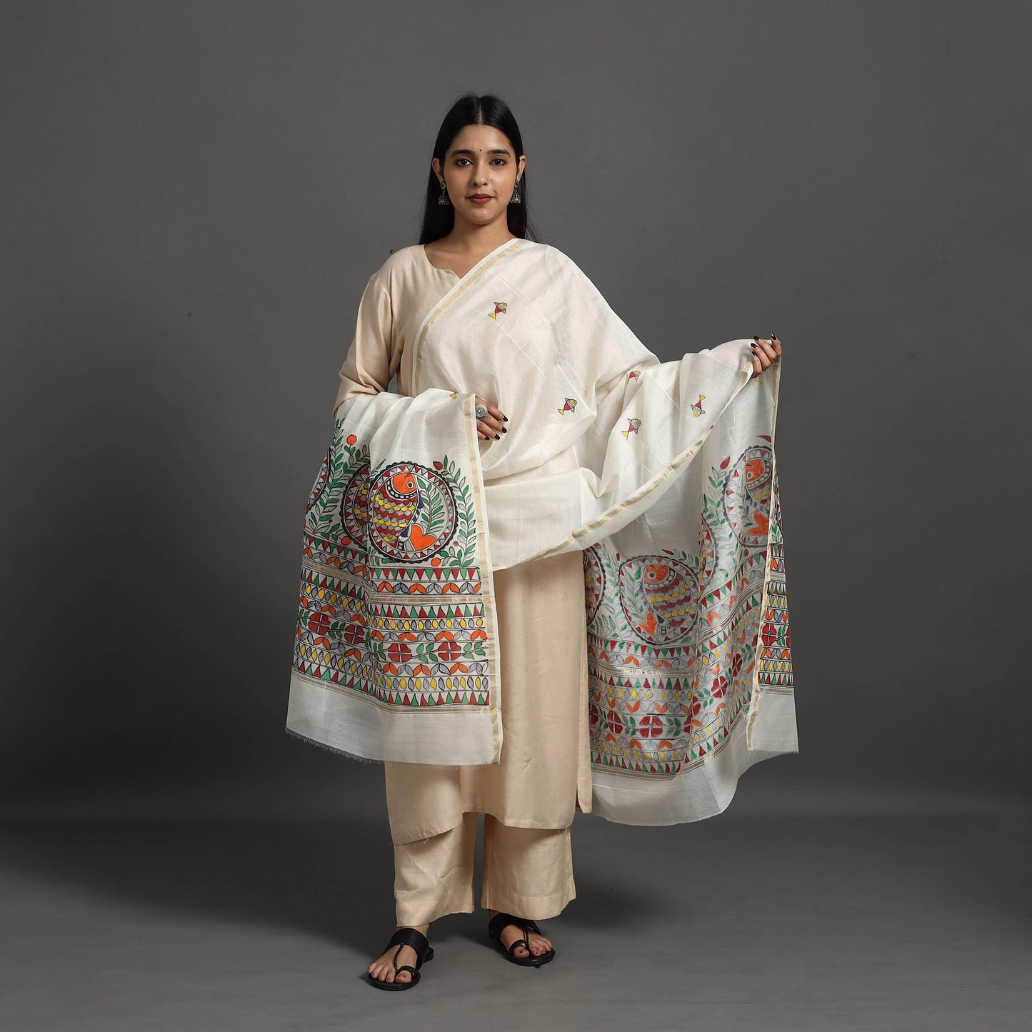 White - Handloom Chanderi Silk Handpainted Madhubani Dupatta 26