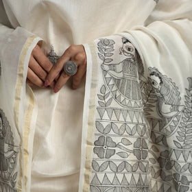 White - handloom chanderi silk handpainted madhubani