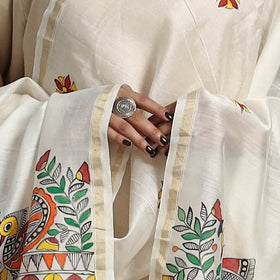 White - handloom chanderi silk handpainted madhubani