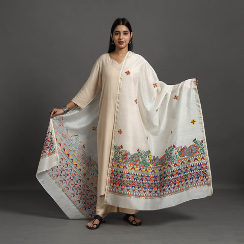 White - handloom chanderi silk handpainted madhubani