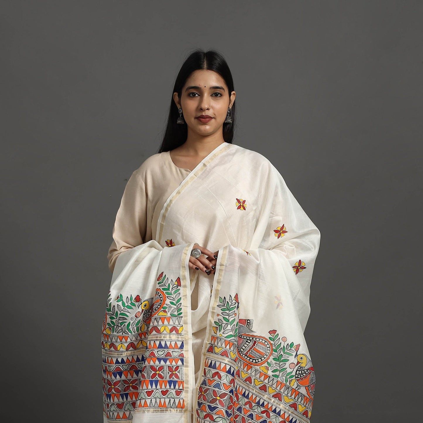 White - handloom chanderi silk handpainted madhubani