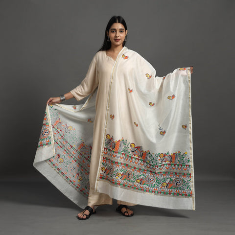 White - handloom chanderi silk handpainted madhubani