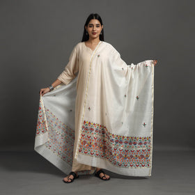 White Handloom Chanderi Silk Handpainted Madhubani Dupatta