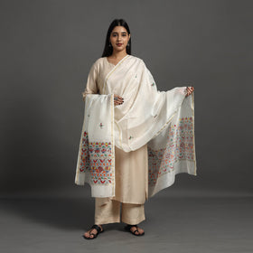 White Handloom Chanderi Silk Handpainted Madhubani Dupatta