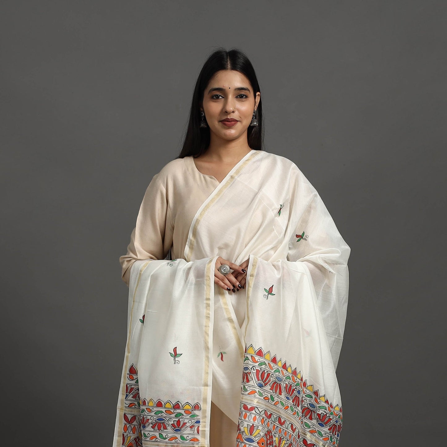 White Handloom Chanderi Silk Handpainted Madhubani Dupatta