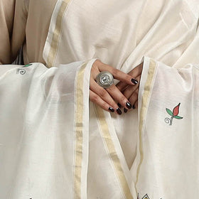 White Handloom Chanderi Silk Handpainted Madhubani Dupatta