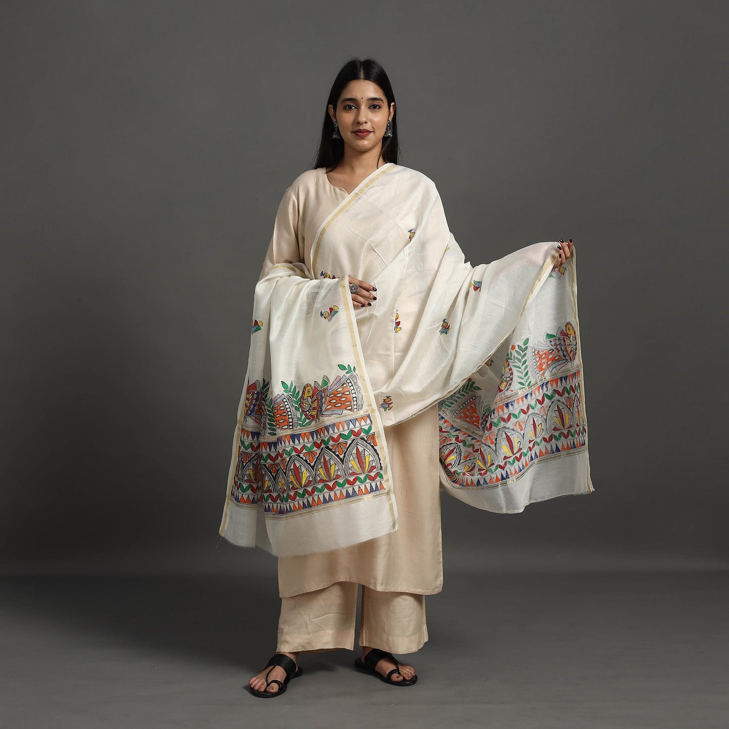 White Handloom Chanderi Silk Handpainted Madhubani Dupatta