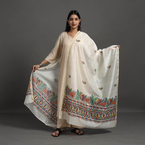 White Handloom Chanderi Silk Handpainted Madhubani Dupatta