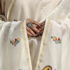 White Handloom Chanderi Silk Handpainted Madhubani Dupatta