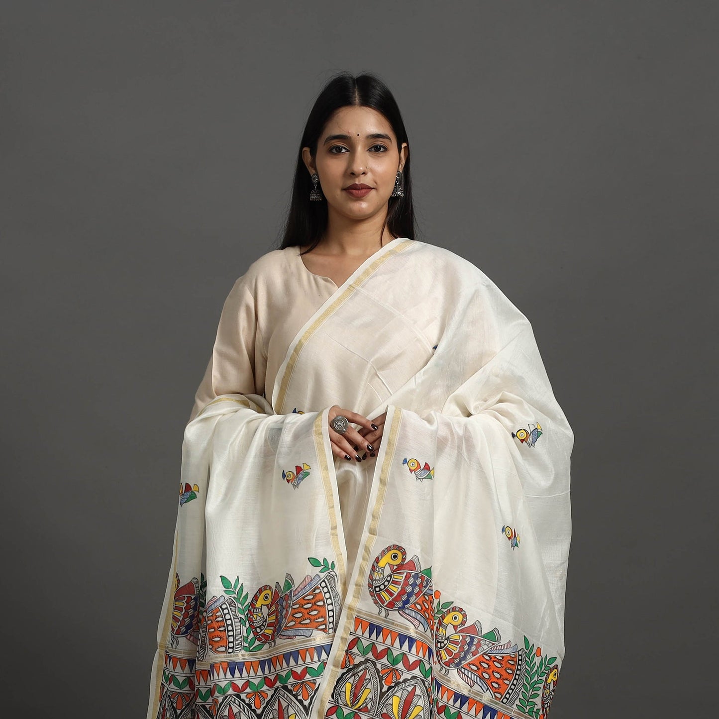 White Handloom Chanderi Silk Handpainted Madhubani Dupatta