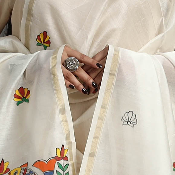 White - handloom chanderi silk handpainted madhubani