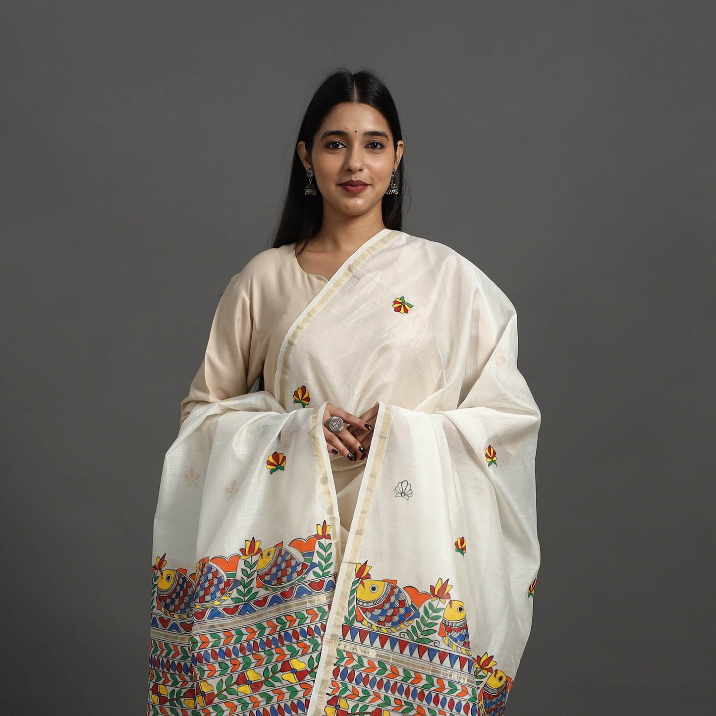 White - handloom chanderi silk handpainted madhubani