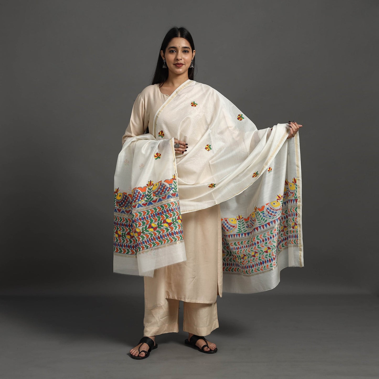 White - handloom chanderi silk handpainted madhubani