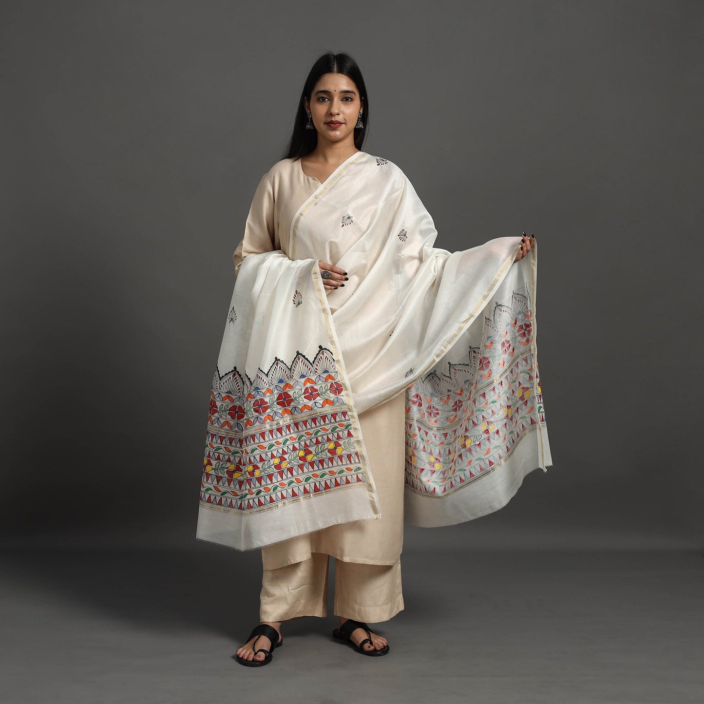 White - handloom chanderi silk handpainted madhubani