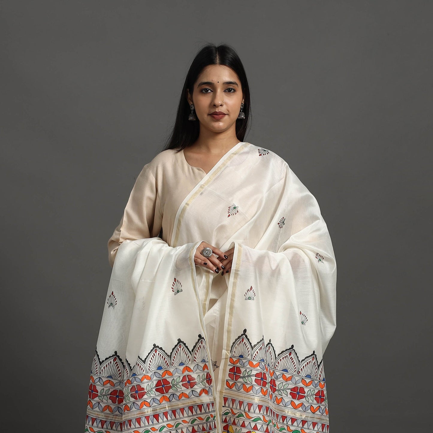 White - handloom chanderi silk handpainted madhubani