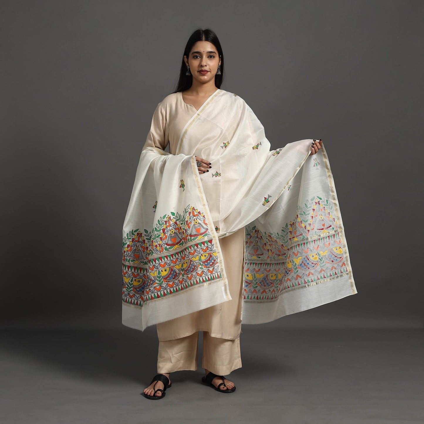 White - handloom chanderi silk handpainted madhubani