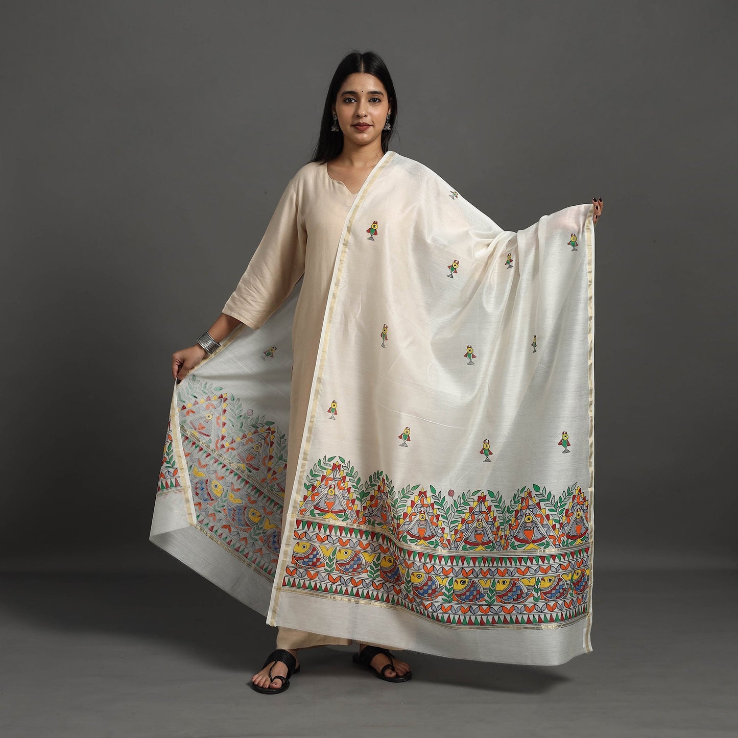 White - handloom chanderi silk handpainted madhubani
