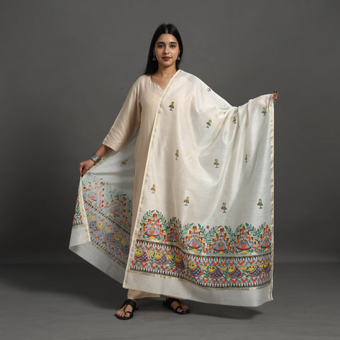 White - handloom chanderi silk handpainted madhubani