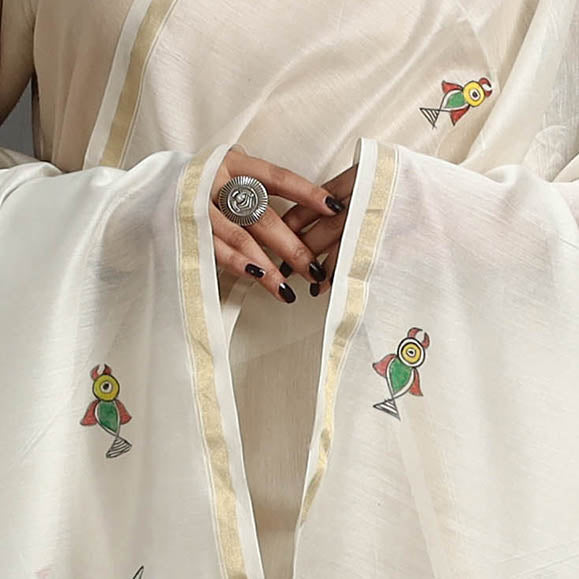 White - handloom chanderi silk handpainted madhubani