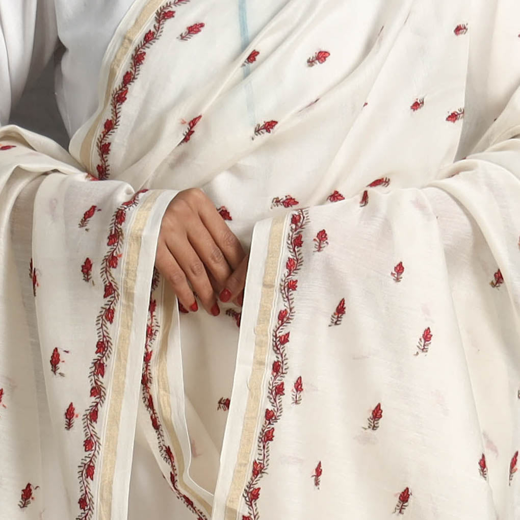 White - handloom chanderi silk kashida embroidery dupatta
