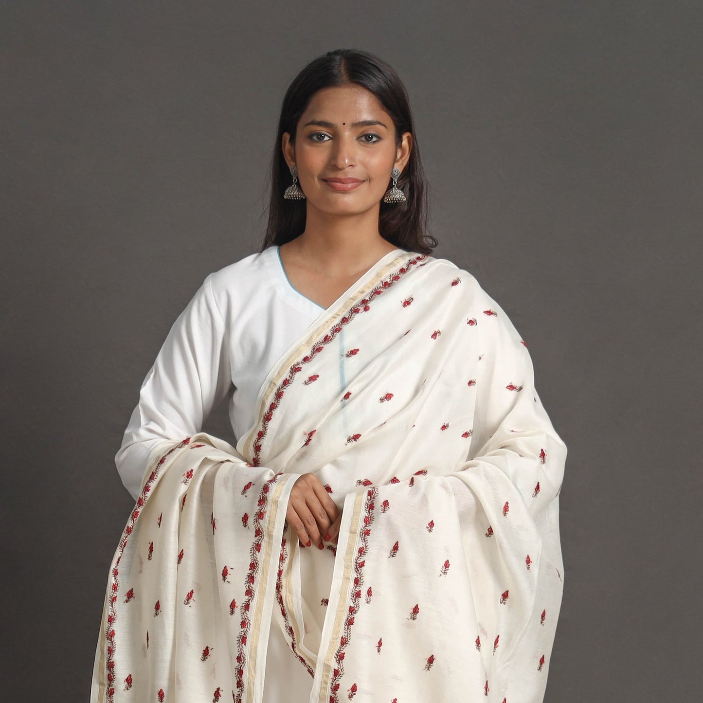 White - handloom chanderi silk kashida embroidery dupatta