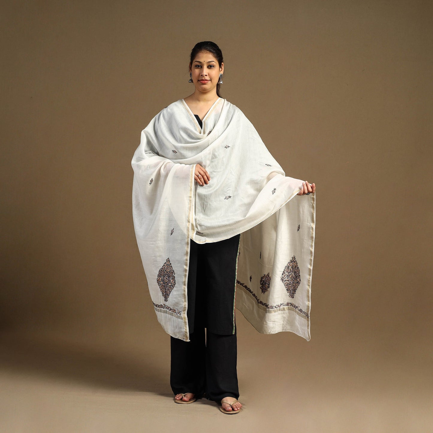Buy Handloom Chanderi Silk Kashida Embroidery Dupatta