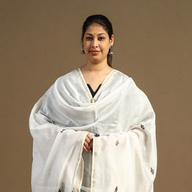 White Handloom Chanderi Silk Kashida Embroidery Dupatta