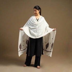 White Handloom Chanderi Silk Kashida Embroidery Dupatta