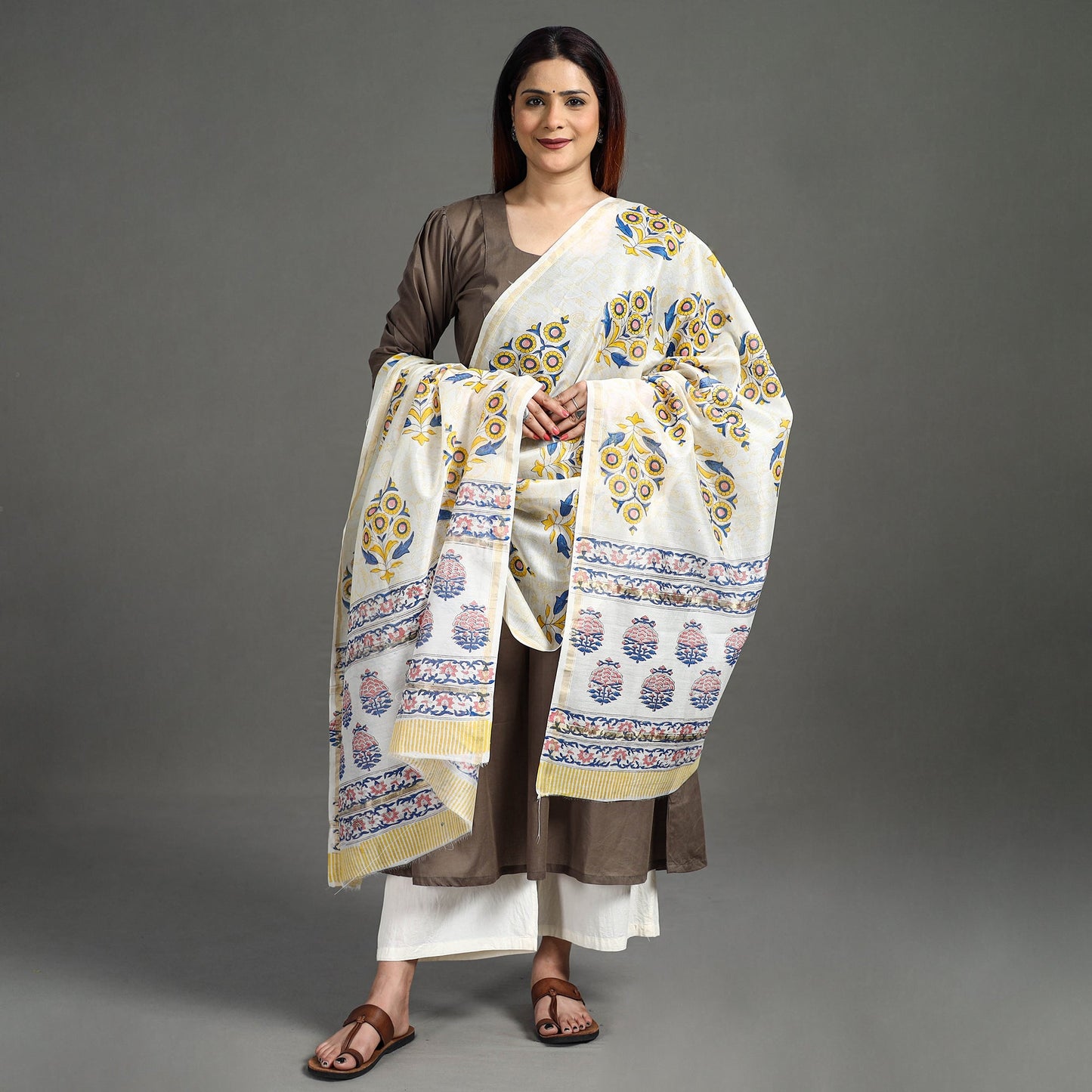  Handloom Chanderi Silk Sanganeri Print Dupatta