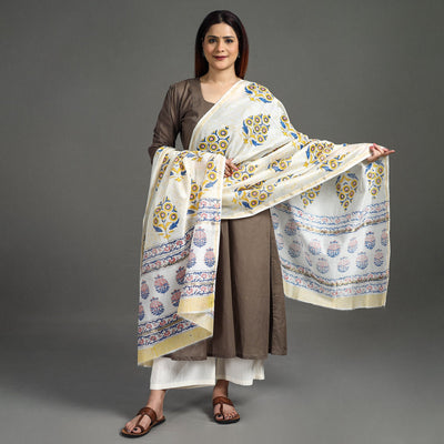  Handloom Chanderi Silk Sanganeri Print Dupatta
