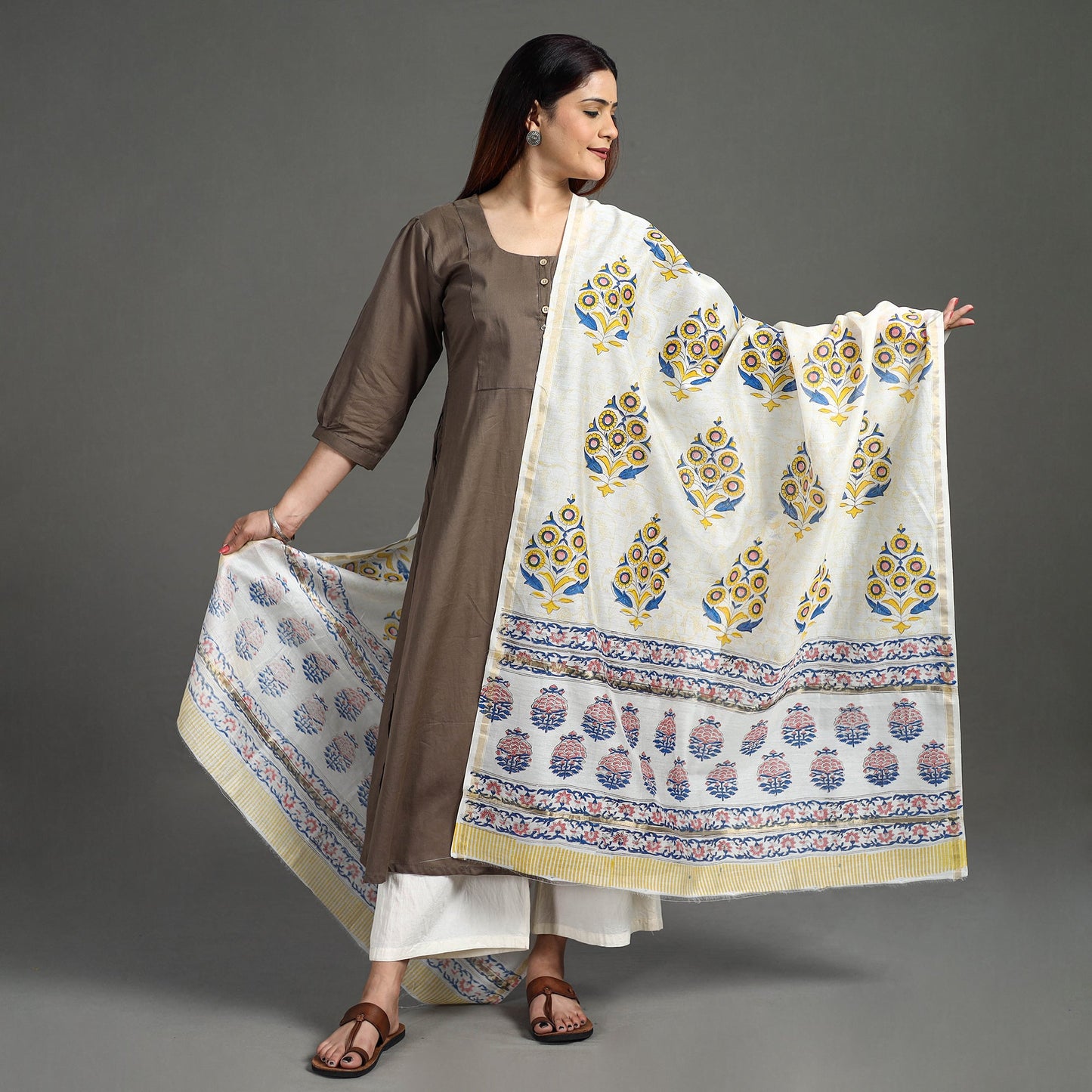  Handloom Chanderi Silk Sanganeri Print Dupatta