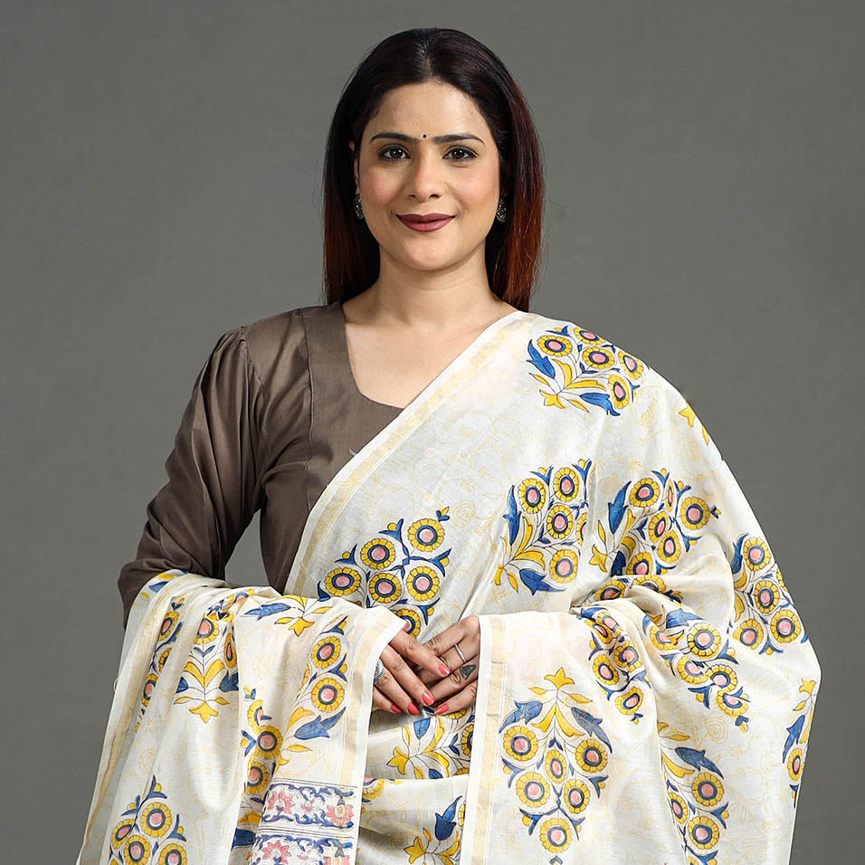  Handloom Chanderi Silk Sanganeri Print Dupatta