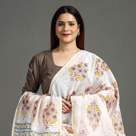 White - Handloom Chanderi Silk Sanganeri Print Dupatta 06